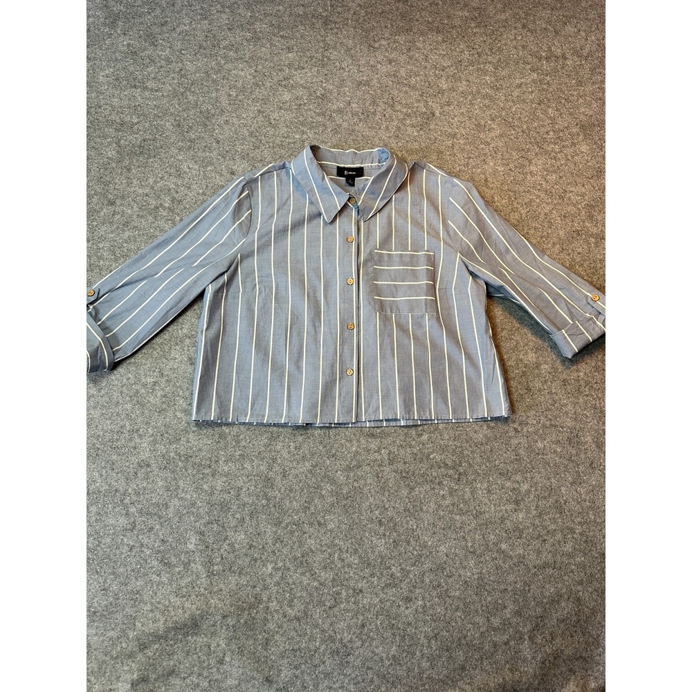 Bwear Shirt Womens L Blue Striped Cropped Back Roll Tab Sleeve Button Up
